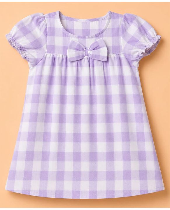 Babyhug Woven Half Puffed Sleeves Checkered Frock with Bloomer & Headband - Lavender