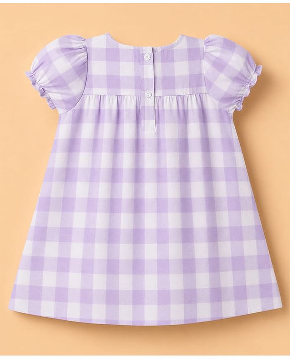 Babyhug Woven Half Puffed Sleeves Checkered Frock with Bloomer & Headband - Lavender