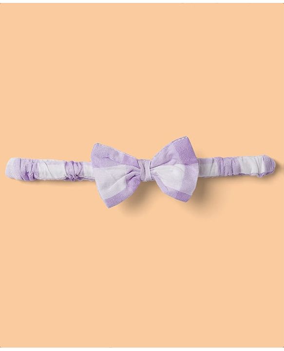 Babyhug Woven Half Puffed Sleeves Checkered Frock with Bloomer & Headband - Lavender