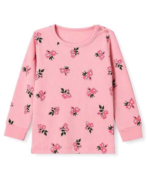 Babyhug Knit Full Sleeves Floral Printed Pullover Vest & Leggings Thermal Inner Wear Set - Pink