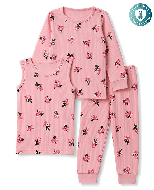 Babyhug Knit Full Sleeves Floral Printed Pullover Vest & Leggings Thermal Inner Wear Set - Pink