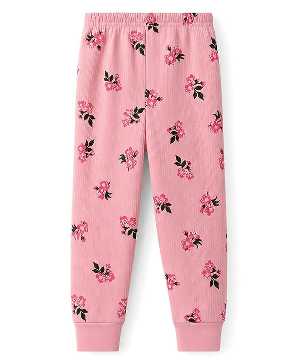 Babyhug Knit Full Sleeves Floral Printed Pullover Vest & Leggings Thermal Inner Wear Set - Pink