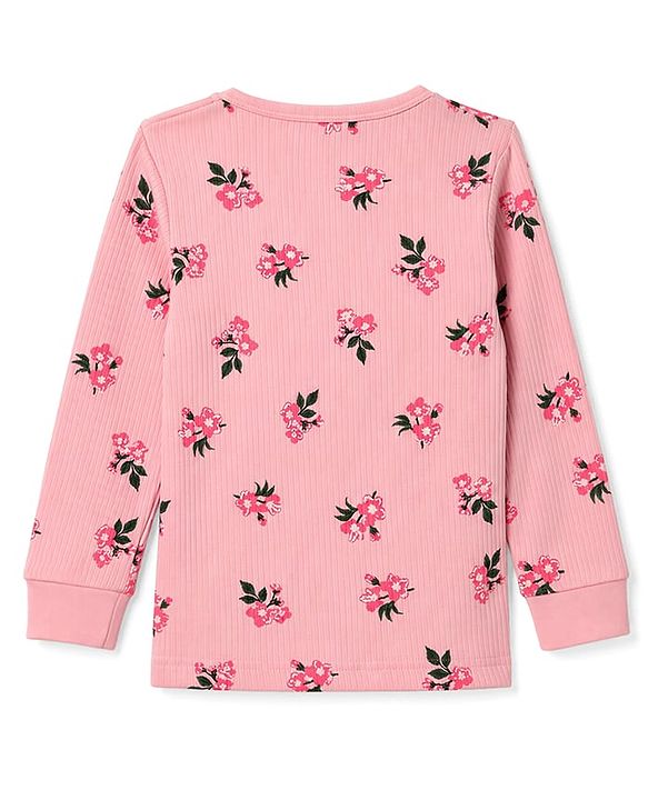 Babyhug Knit Full Sleeves Floral Printed Pullover Vest & Leggings Thermal Inner Wear Set - Pink