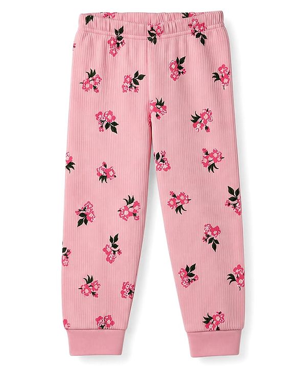 Babyhug Knit Full Sleeves Floral Printed Pullover Vest & Leggings Thermal Inner Wear Set - Pink