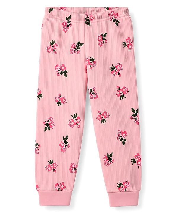 Babyhug Cotton Knit Full Sleeves Floral Printed Co-Ords Front Open Top & Leggings Thermal Inner Wear Set - Pink