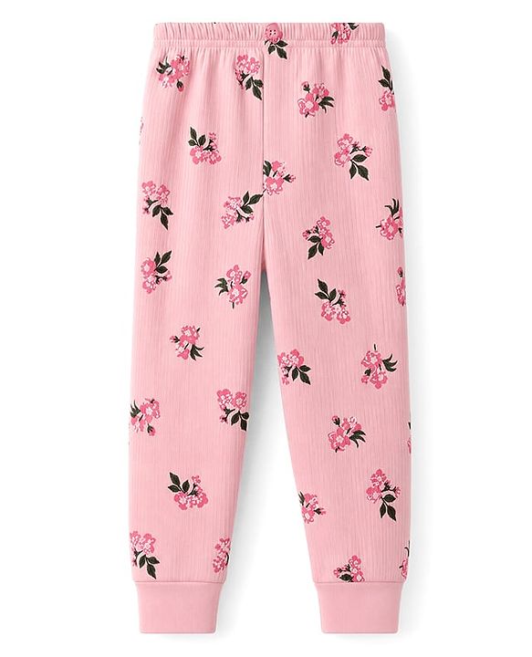 Babyhug Cotton Knit Full Sleeves Floral Printed Co-Ords Front Open Top & Leggings Thermal Inner Wear Set - Pink