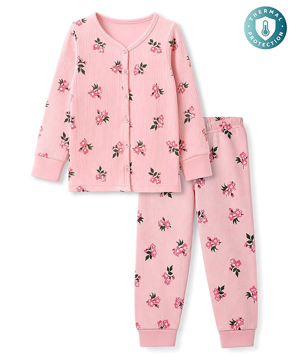 Babyhug Cotton Knit Full Sleeves Floral Printed Co-Ords Front Open Top & Leggings Thermal Inner Wear Set - Pink