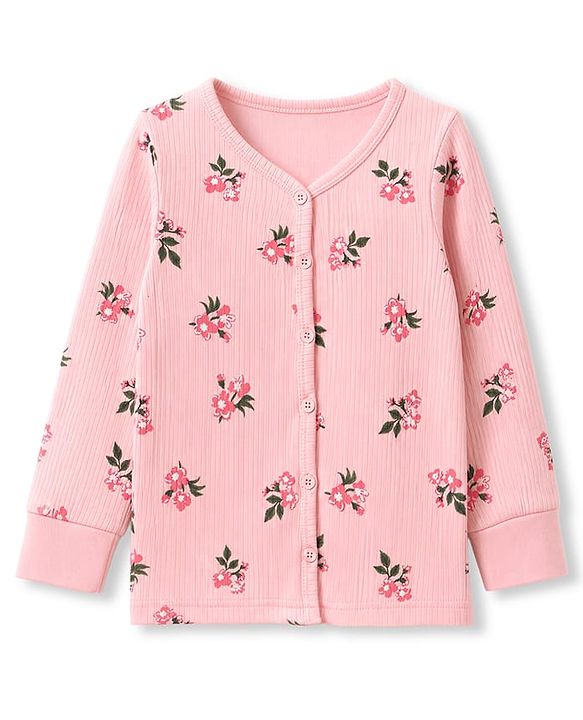 Babyhug Cotton Knit Full Sleeves Floral Printed Co-Ords Front Open Top & Leggings Thermal Inner Wear Set - Pink