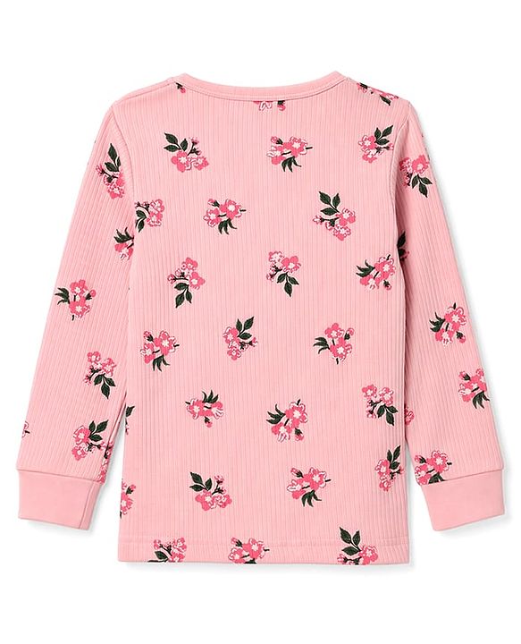 Babyhug Cotton Knit Full Sleeves Floral Printed Co-Ords Front Open Top & Leggings Thermal Inner Wear Set - Pink