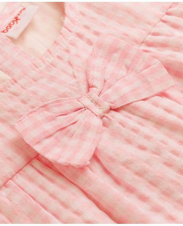 Babyhug Woven Half Sleeves Checked Frock With Bloomer & Bow Applique & Headband - Peach