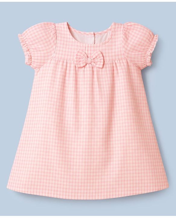 Babyhug Woven Half Sleeves Checked Frock With Bloomer & Bow Applique & Headband - Peach