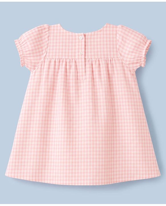 Babyhug Woven Half Sleeves Checked Frock With Bloomer & Bow Applique & Headband - Peach