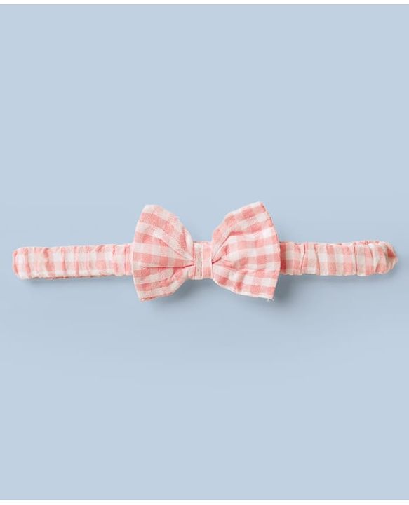 Babyhug Woven Half Sleeves Checked Frock With Bloomer & Bow Applique & Headband - Peach