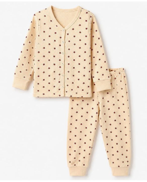 Babyhug Cotton Mix Knit Full Sleeves Vest and Pant Thermal Set with Full Length and Star Print in Light Peach