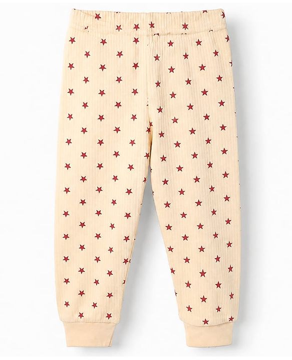 Babyhug Cotton Mix Knit Full Sleeves Vest and Pant Thermal Set with Full Length and Star Print in Light Peach