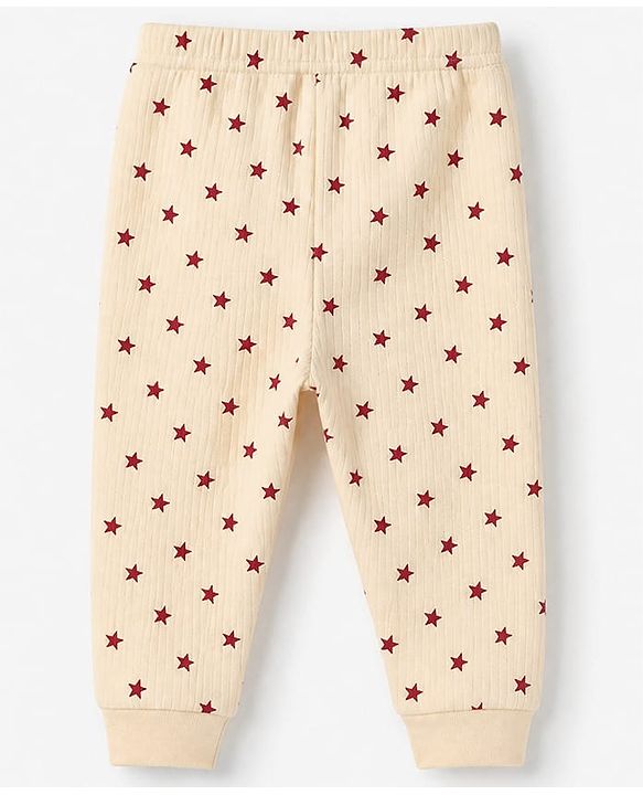 Babyhug Cotton Mix Knit Full Sleeves Vest and Pant Thermal Set with Full Length and Star Print in Light Peach