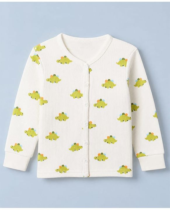 Babyhug Knit Full Sleeves Vest and Pant with Dinosaur Print - Offwhite