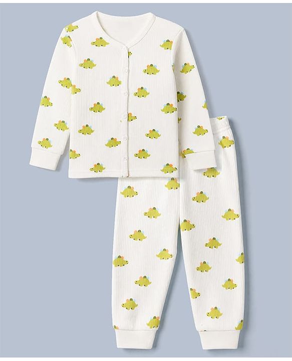 Babyhug Knit Full Sleeves Vest and Pant with Dinosaur Print - Offwhite