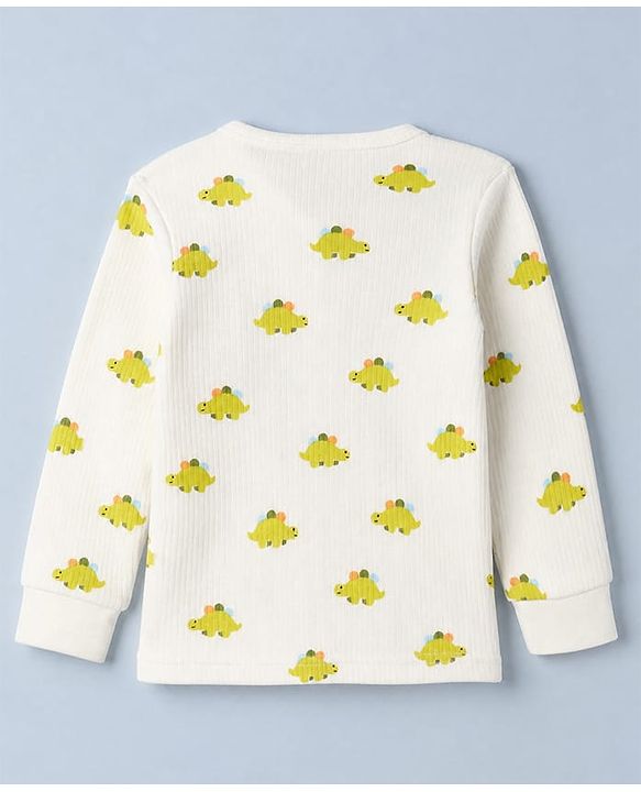 Babyhug Knit Full Sleeves Vest and Pant with Dinosaur Print - Offwhite