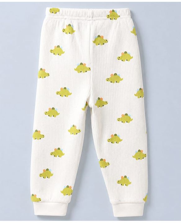 Babyhug Knit Full Sleeves Vest and Pant with Dinosaur Print - Offwhite