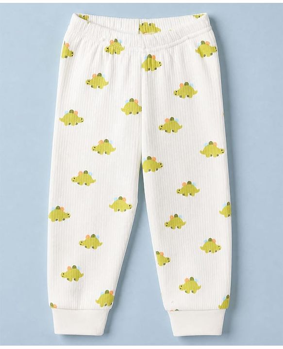 Babyhug Knit Full Sleeves Vest and Pant with Dinosaur Print - Offwhite