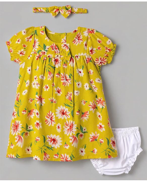 Babyhug 100% Cotton Woven Half Sleeves Floral Printed Dress with Bloomer & Head Band - Lime Green