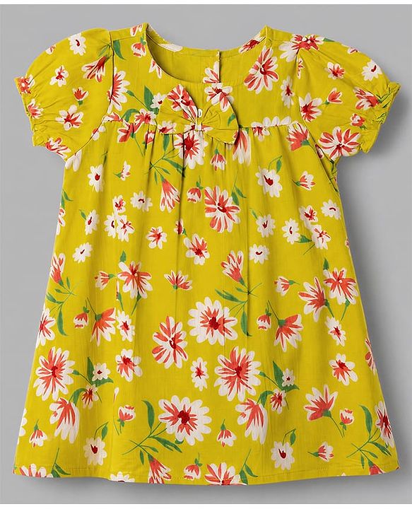 Babyhug 100% Cotton Woven Half Sleeves Floral Printed Dress with Bloomer & Head Band - Lime Green