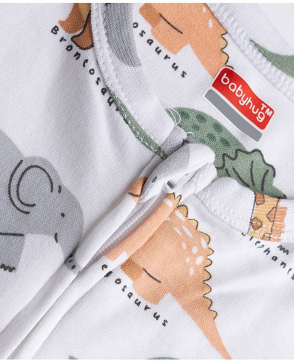 Babyhug 100% Cotton Knit Full Sleeves Footed Sleepsuit with Dino Print - White