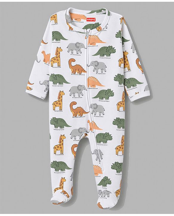 Babyhug 100% Cotton Knit Full Sleeves Footed Sleepsuit with Dino Print - White