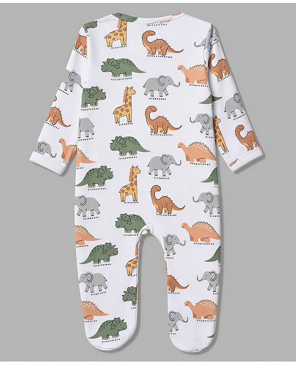 Babyhug 100% Cotton Knit Full Sleeves Footed Sleepsuit with Dino Print - White