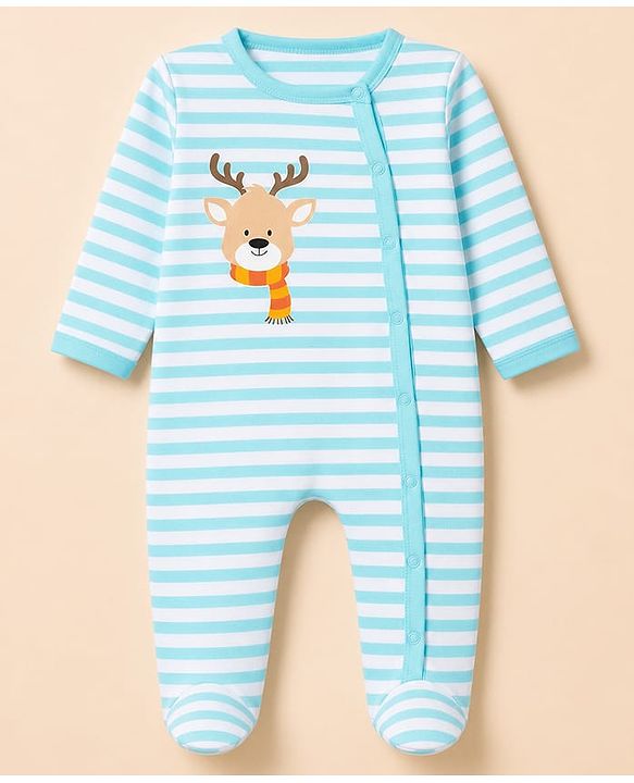 Babyhug 100% Cotton Knit Full Sleeves Striped Sleepsuit with Deer Print - Sky Blue