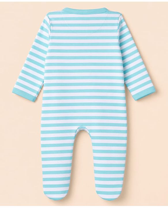 Babyhug 100% Cotton Knit Full Sleeves Striped Sleepsuit with Deer Print - Sky Blue