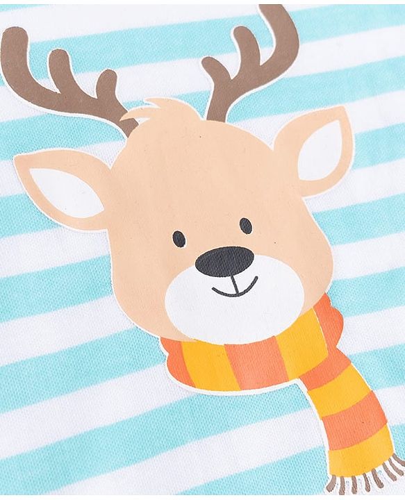 Babyhug 100% Cotton Knit Full Sleeves Striped Sleepsuit with Deer Print - Sky Blue