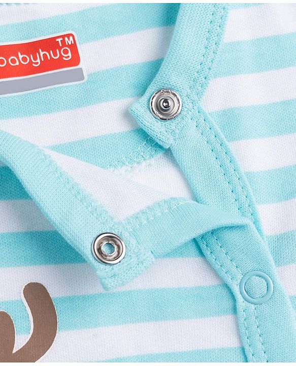 Babyhug 100% Cotton Knit Full Sleeves Striped Sleepsuit with Deer Print - Sky Blue