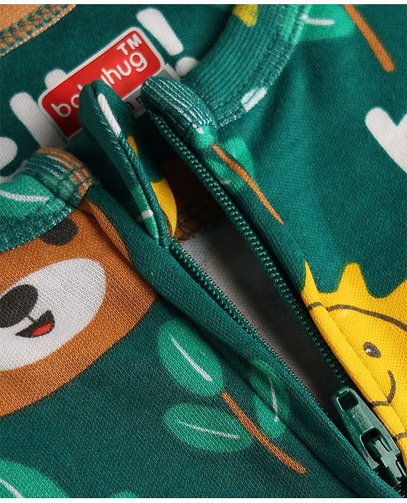 Babyhug 100% Cotton Knit Full Sleeves Footed Sleepsuit with Bear Print - Green