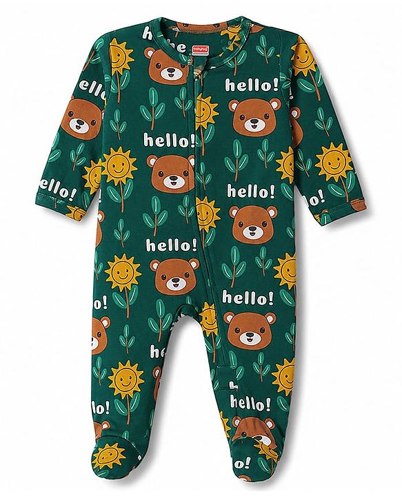 Babyhug 100% Cotton Knit Full Sleeves Footed Sleepsuit with Bear Print - Green