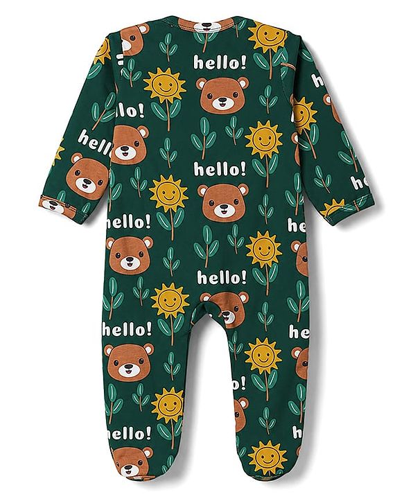 Babyhug 100% Cotton Knit Full Sleeves Footed Sleepsuit with Bear Print - Green