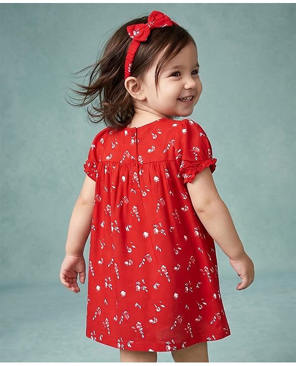 Babyhug Cotton Woven Frock, Bloomer and Headband with Half  Sleeves and Floral Print - Red