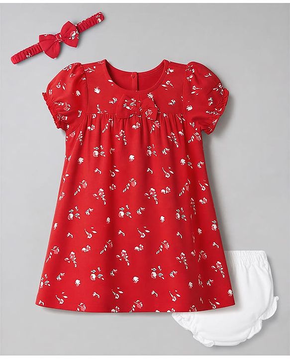 Babyhug Cotton Woven Frock, Bloomer and Headband with Half  Sleeves and Floral Print - Red