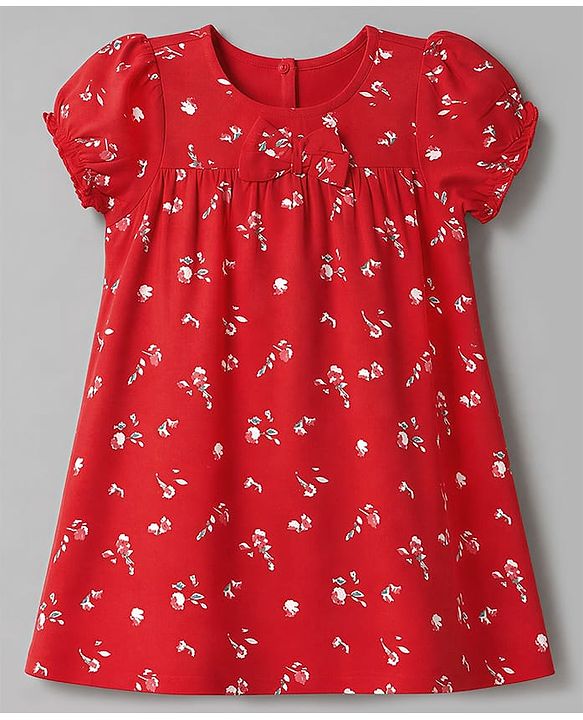 Babyhug Cotton Woven Frock, Bloomer and Headband with Half  Sleeves and Floral Print - Red