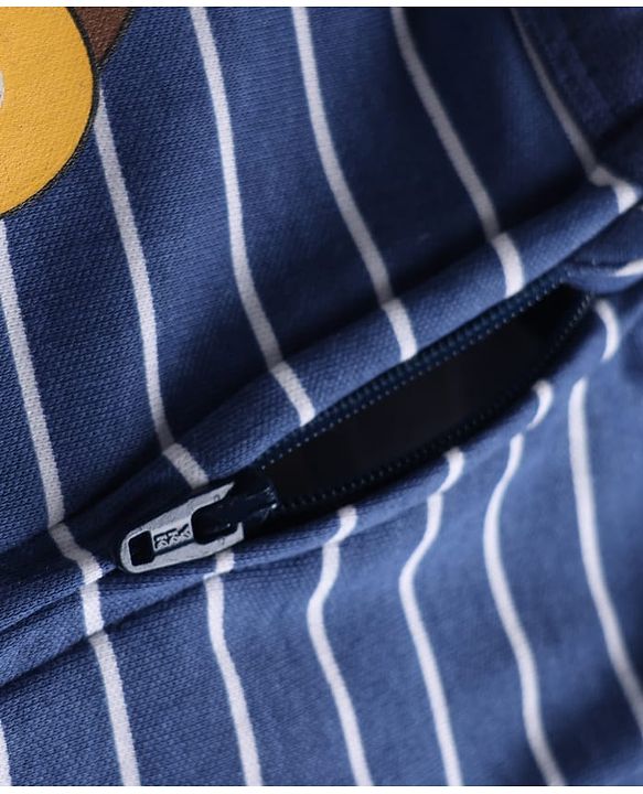 Babyhug 100% Cotton Knit Full Sleeves Striped Sleepsuit with Roar Lion Print - Navy Blue