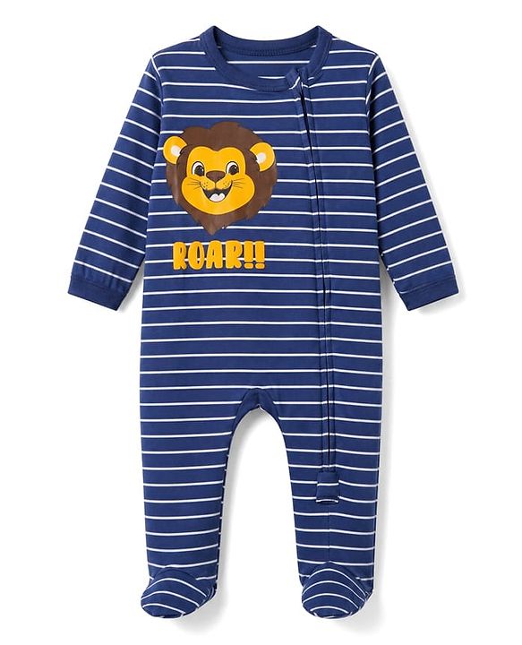 Babyhug 100% Cotton Knit Full Sleeves Striped Sleepsuit with Roar Lion Print - Navy Blue