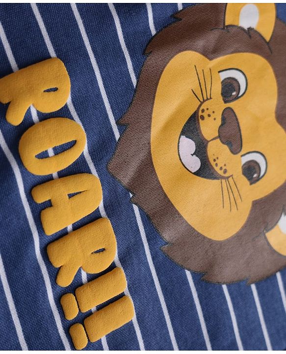 Babyhug 100% Cotton Knit Full Sleeves Striped Sleepsuit with Roar Lion Print - Navy Blue