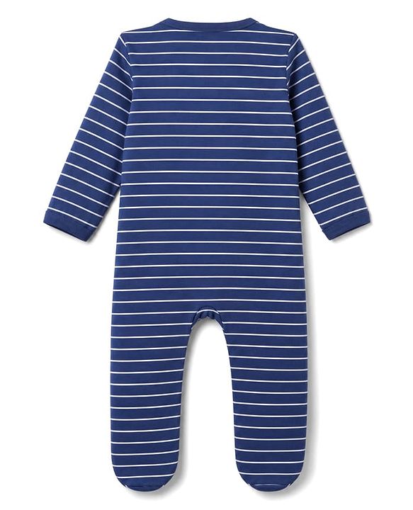 Babyhug 100% Cotton Knit Full Sleeves Striped Sleepsuit with Roar Lion Print - Navy Blue