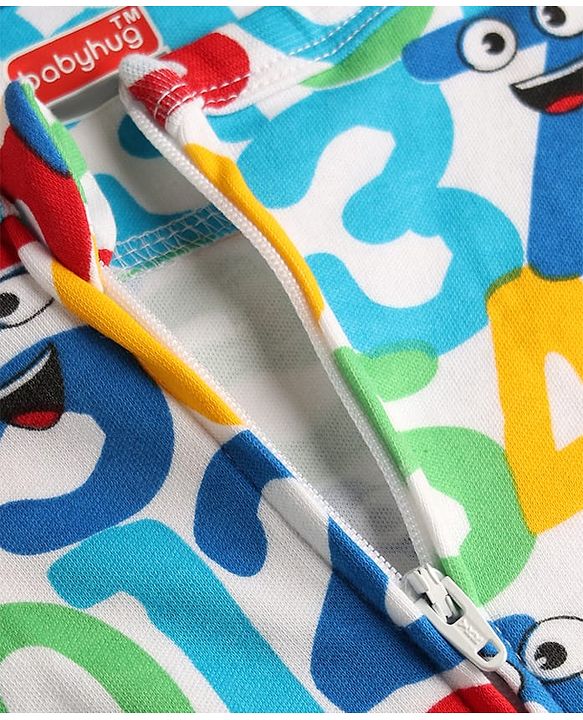 Babyhug 100% Cotton Knit Full Sleeves Footed Sleepsuit with Numbers Print - Light Blue
