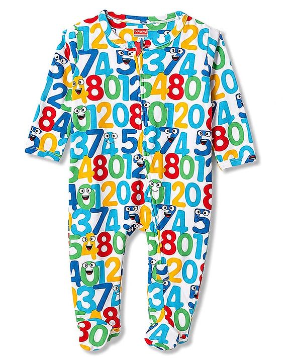 Babyhug 100% Cotton Knit Full Sleeves Footed Sleepsuit with Numbers Print - Light Blue