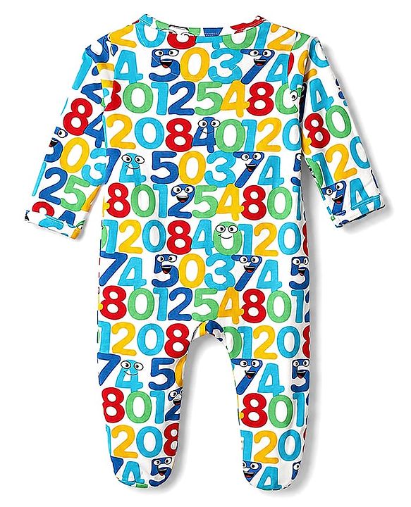 Babyhug 100% Cotton Knit Full Sleeves Footed Sleepsuit with Numbers Print - Light Blue