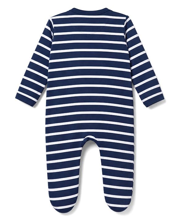 Babyhug 100% Cotton Knit Full Sleeves Striped Sleepsuit with Lion Print - Navy Blue