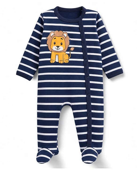 Babyhug 100% Cotton Knit Full Sleeves Striped Sleepsuit with Lion Print - Navy Blue