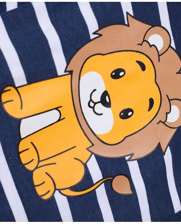 Babyhug 100% Cotton Knit Full Sleeves Striped Sleepsuit with Lion Print - Navy Blue
